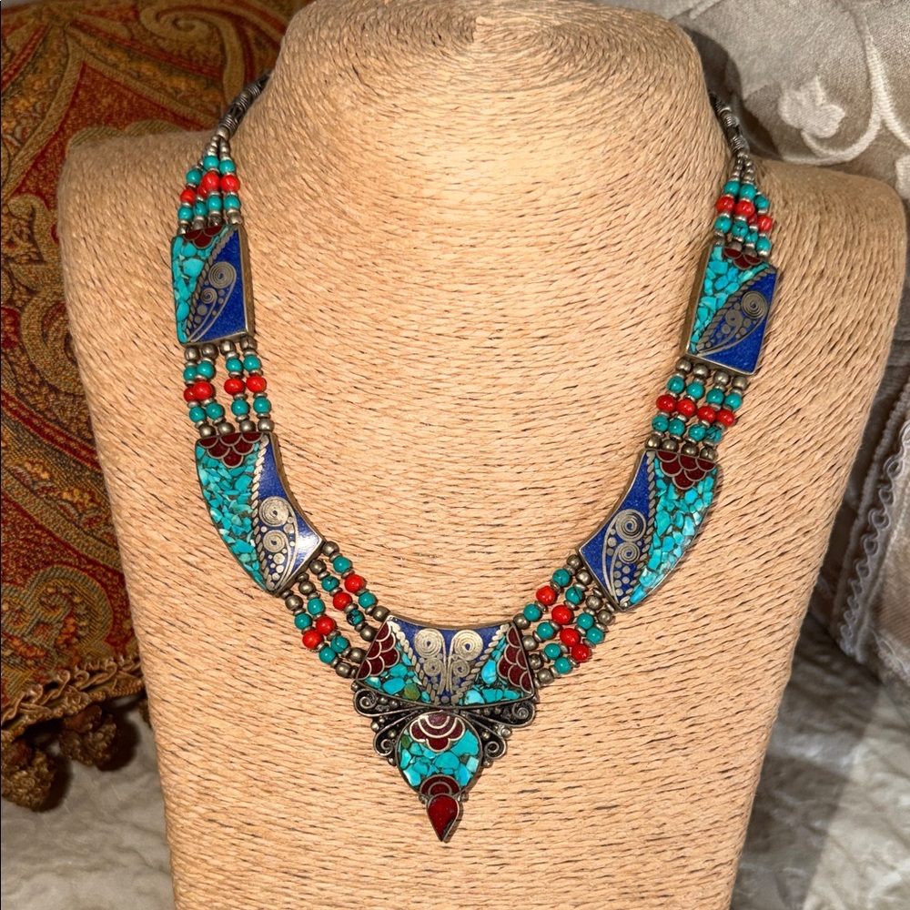 Turquoise and lapis coral enameled Beaded silver Necklace